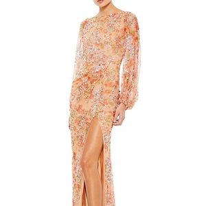 Mac Duggal Bishop Sleeve Column Gown Sequin Apricot 93547